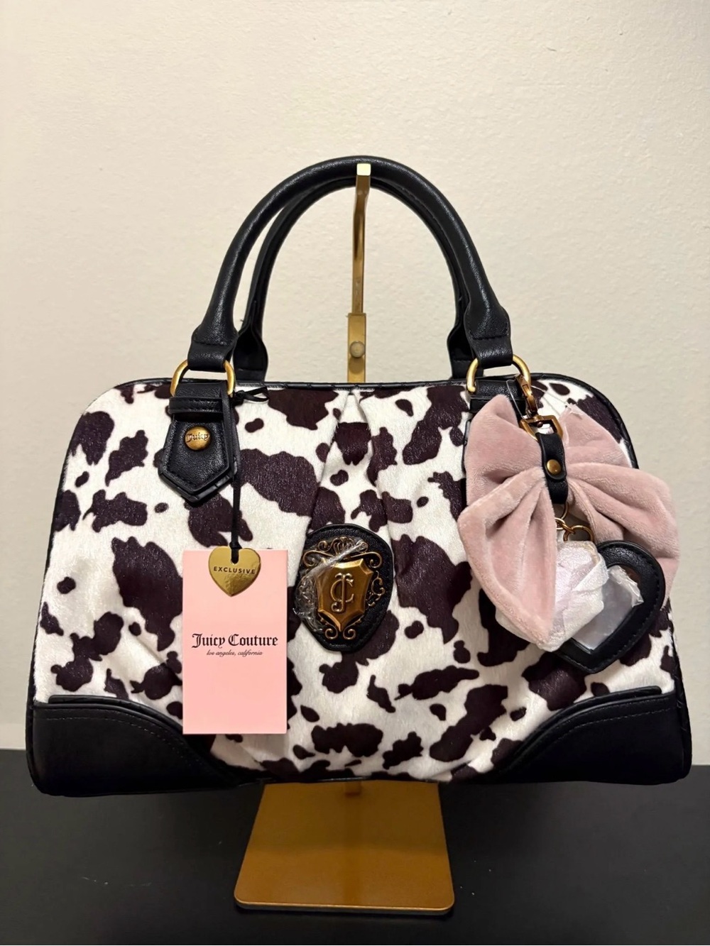 Juicy Couture Black & White Cow Print Satchel with Pink Bow Key Charm